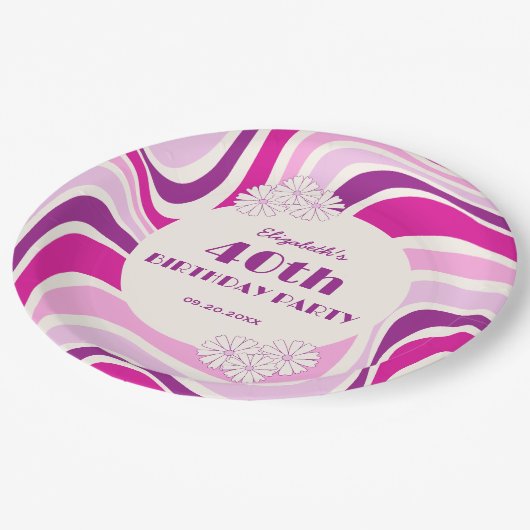 レトロウェーブフラワーパープルピンク誕生日 ペーパープレート (アングル)