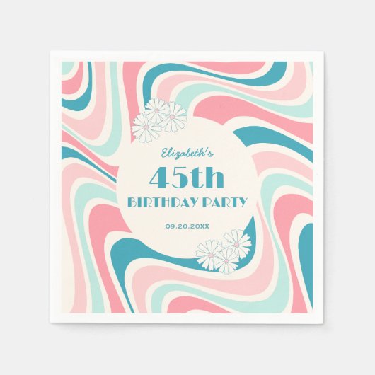 レトロウェーブフラワーピンクグリーン誕生日 スタンダードカクテルナプキン (正面)