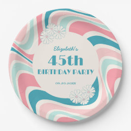 レトロウェーブフラワーピンクグリーン誕生日 ペーパープレート