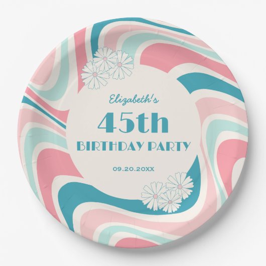 レトロウェーブフラワーピンクグリーン誕生日 ペーパープレート (正面)
