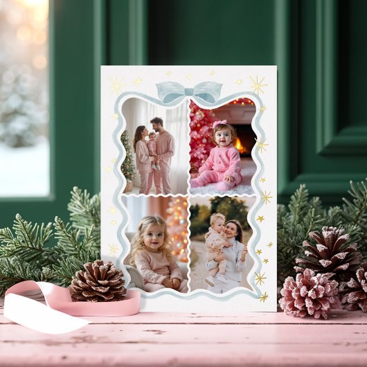 レトロウェーブブルーリボン&スターフォトコラージュ 箔シーズンカード