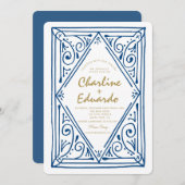 レトロウェーブブルーレース結婚式招待状 招待状 (正面/裏面)