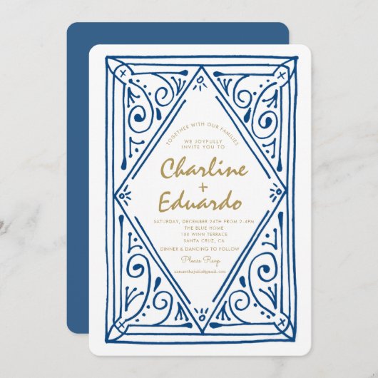 レトロウェーブブルーレース結婚式招待状 招待状 (正面/裏面)