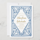 レトロウェーブブルーレース結婚式招待状 招待状 (正面)