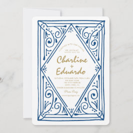 レトロウェーブブルーレース結婚式招待状 招待状