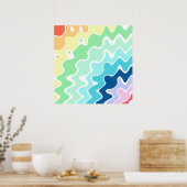 レトロウェーブラインパステルレインボーカラーズパターン ポスター (キッチン)