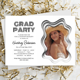 レトロウェーブ白黒写真卒業パーティー 招待状