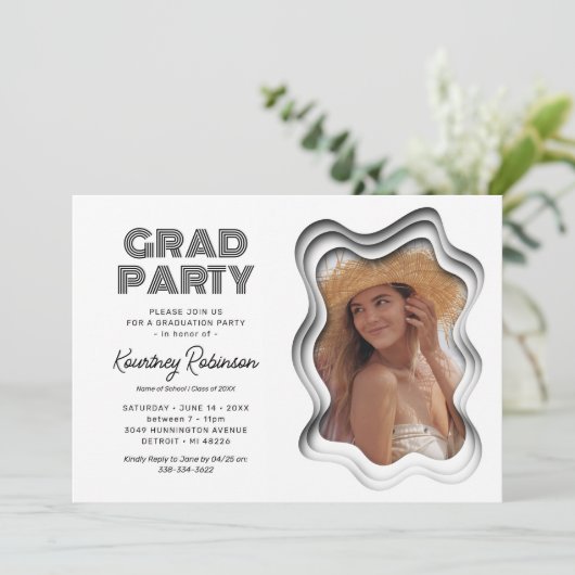 レトロウェーブ白黒写真卒業パーティー 招待状 (スタンド正面)