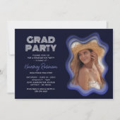 レトロウェーブ ブルー パープル フォト 卒業パーティー 招待状 (正面)