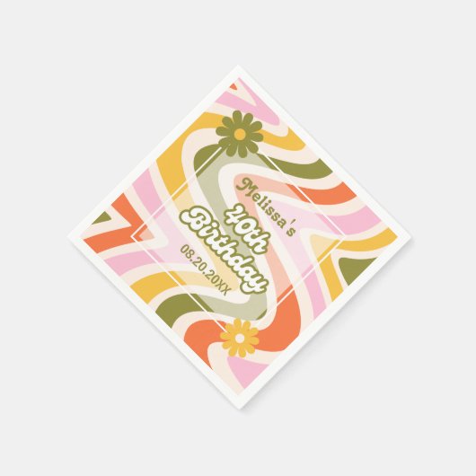 レトロウェーブGroovyフラワーグリーン40歳の誕生日 スタンダードカクテルナプキン (角)