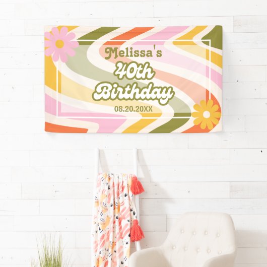レトロウェーブGroovyフラワーグリーン40歳の誕生日 横断幕 (インサイチュ)