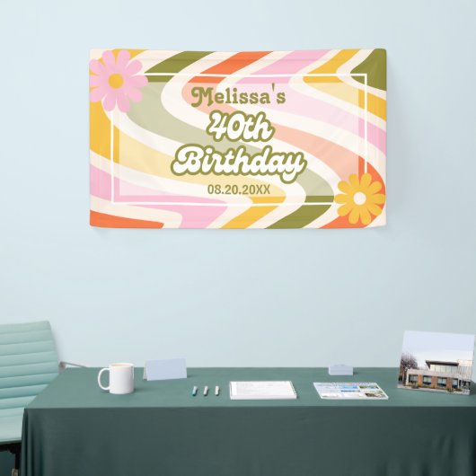 レトロウェーブGroovyフラワーグリーン40歳の誕生日 横断幕 (トレードショー)