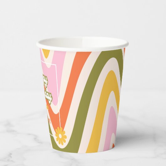 レトロウェーブGroovyフラワーグリーン40歳の誕生日 紙コップ (左)
