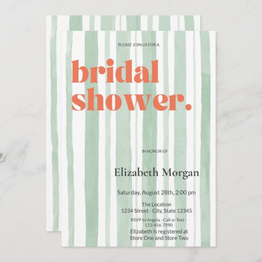 レトロウォーターカラーグリーンストライプブライダルシャワー 招待状 (正面/裏面)