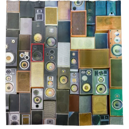 レトロウォールつる:ヴィンテージ・スピーカデザイン シャワーカーテン (正面)