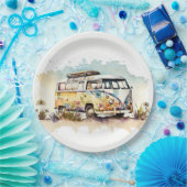 レトロウオーターカラーヒッパイバス花付き ペーパープレート (パーティー)