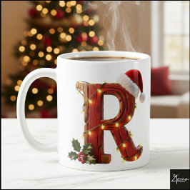 レトロウッドクリスマスイニシャルRイルミネーション コーヒーマグカップ