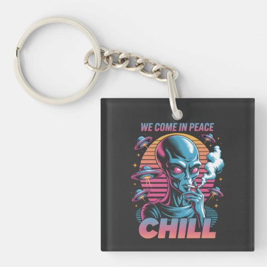 レトロエイリアン「We Come In Peace CHILL」デザイン キーホルダー (正面)