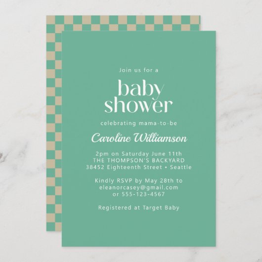 レトロエステティックチェッカーボードミントベビーシャワー 招待状 (正面/裏面)