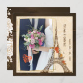 レトロエッフェルタワー写真フレーム結婚式招待状 シーズンカード (正面/裏面)