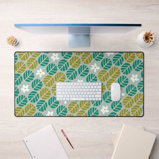レトロエメラルドグリーン&ピンクストライプの花 デスクマット (オフィス1)