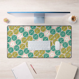 レトロエメラルドグリーン&ピンクストライプの花 デスクマット