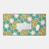 レトロエメラルドグリーン&ピンクストライプの花 デスクマット (キーボード&マウス)