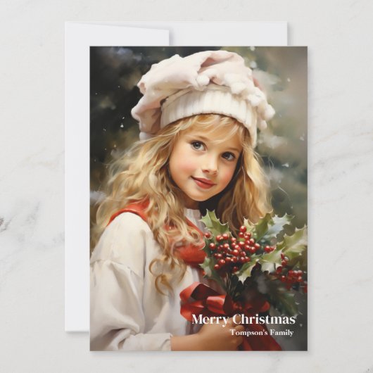 レトロエレガントかわいらし小さな女の子ホリーベリー シーズンカード (正面)