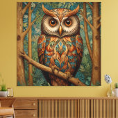 レトロエレガントなフクロウボホボヘミアン森林の緑 キャンバスプリント (インサイチュ (リビング))
