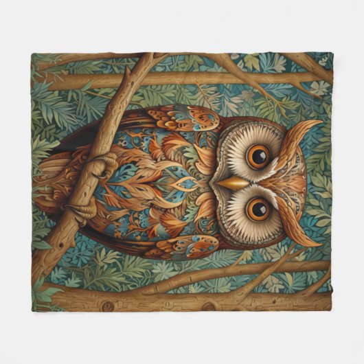 レトロエレガントなフクロウボホボヘミアン森林の緑 フリースブランケット (正面(横))