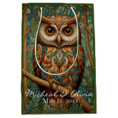 レトロエレガントなフクロウボホボヘミアン森林の緑 ミディアムペーパーバッグ (正面)