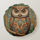 レトロエレガントなフクロウボホボヘミアン森林の緑 ラウンドクッション (裏面)