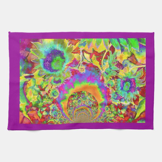 レトロエレガントな水彩色のひまわり畑 キッチンタオル (横)