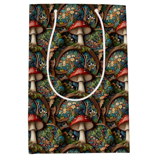 レトロエレガントのキノコの森パターン ミディアムペーパーバッグ (正面)