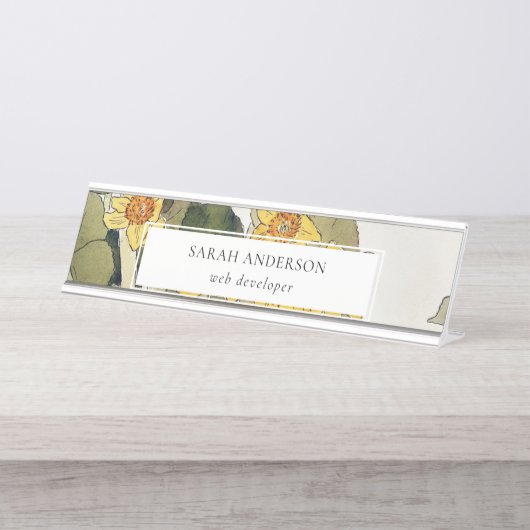 レトロエレガントイエロ素朴ーグリーンダフォディルフローラ デスクネームプレート (正面)