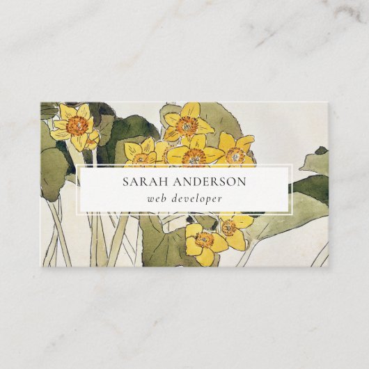 レトロエレガントイエロ素朴ーグリーンダフォディルフローラ 名刺 (正面)