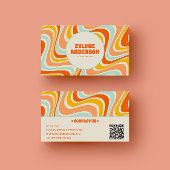 レトロエレガントオレンジブルーQRコードボホグルーヴィー 名刺