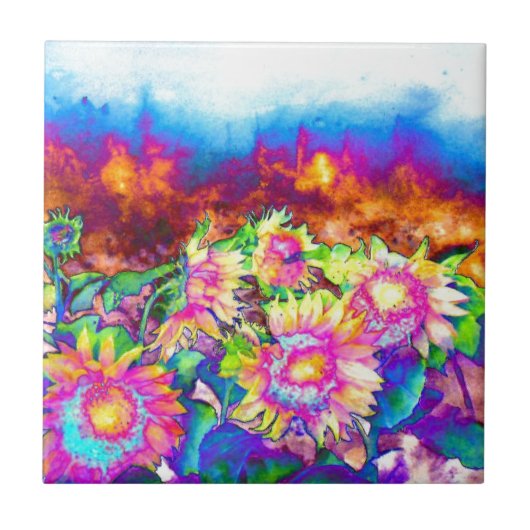 レトロエレガントカラフル抽象芸術ひまわり畑 タイル (正面)