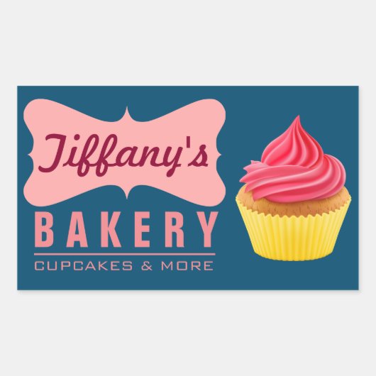 レトロエレガントキュートケーキショップピンクカップケーキベーカリー 長方形シール (正面)