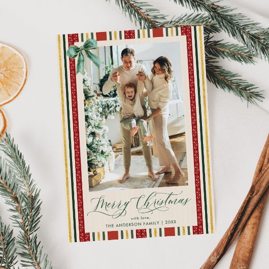 レトロエレガントストライプズBow Merry Christmas 1写真 シーズンカード