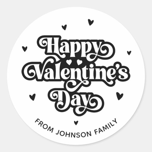 レトロエレガントタイポグラフィ70sバレンタインデイブラック ラウンドシール (正面)