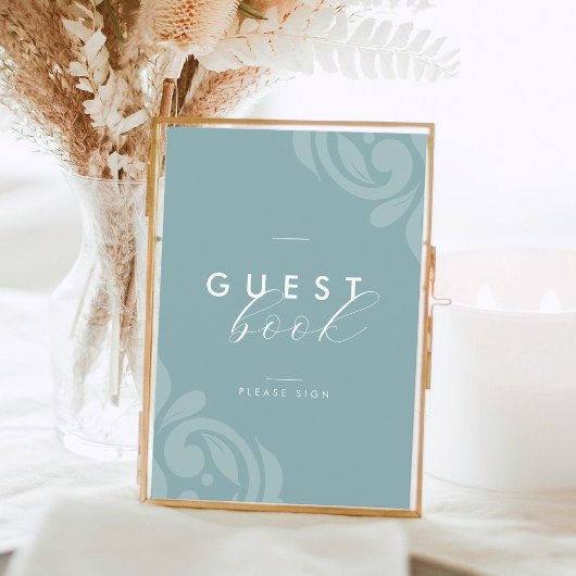 レトロエレガントダマスプーターブルーゲストブックサイン