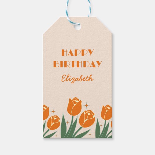 レトロエレガントチューリップフローラオレンジ誕生日 ギフトタグ (正面)