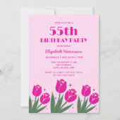 レトロエレガントチューリップフローラマゼンタピンク誕生日 招待状 (正面)
