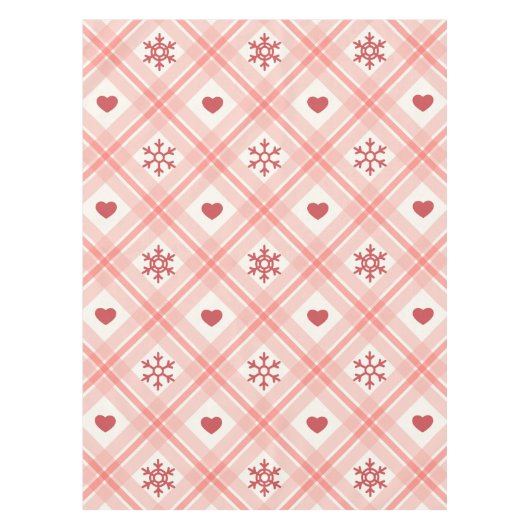 レトロエレガントピンクスノーフレーク及び赤いハート模様 テーブルクロス (正面)