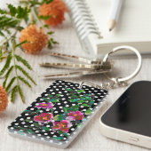 レトロエレガントピンクマゼンタウォーターバラポルカ キーホルダー (正面右)