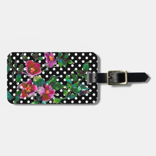 レトロエレガントピンクマゼンタウォーターバラポルカ ラゲッジタグ (正面横)