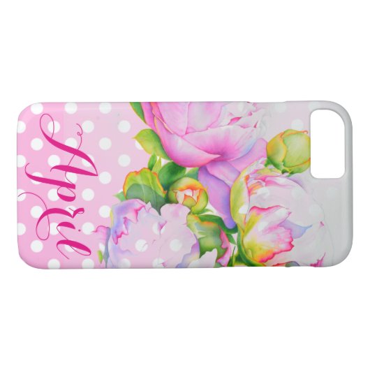 レトロエレガントピンク白牡丹フローラ水玉模様 Case-Mate iPhoneケース (裏面(横))