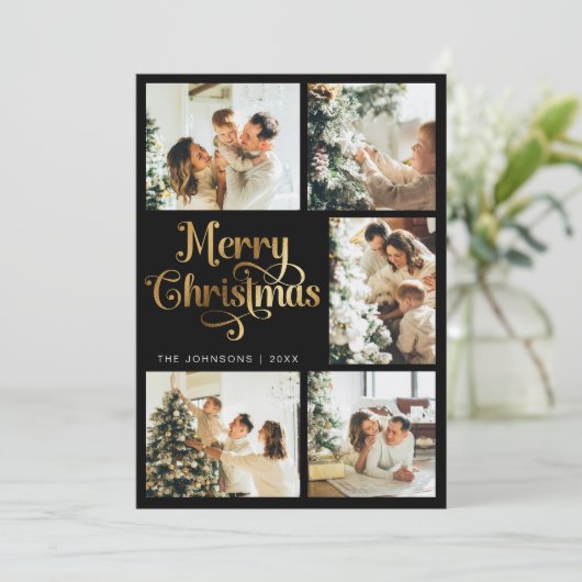 レトロエレガントブラック&金ゴールドメリークリスマスファミリー シーズンカード (スタンド正面)
