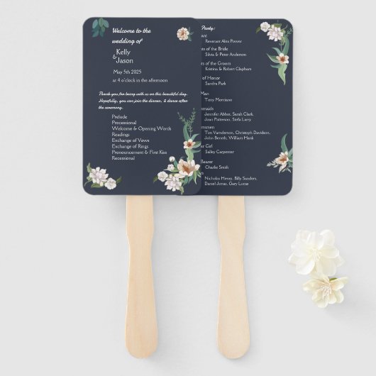 レトロエレガントホワイトフラワーフレームネイビー背景 ハンドファン (正面&裏面)